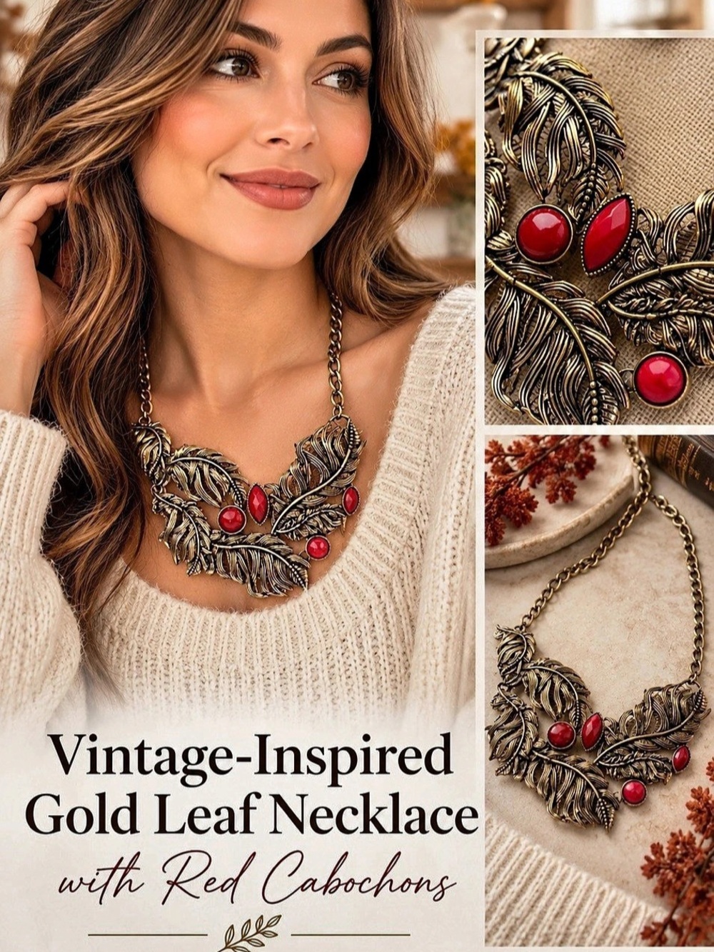 Gold Leaf Necklace in Gold & Red NWT